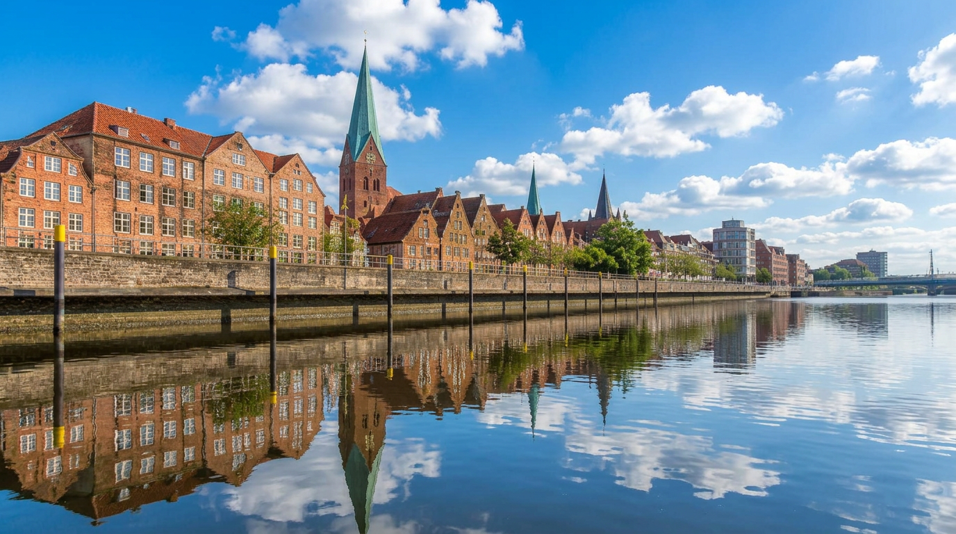 Bremer Schlachte mit Weser und Kirchtürmen unter strahlend blauem Himmel